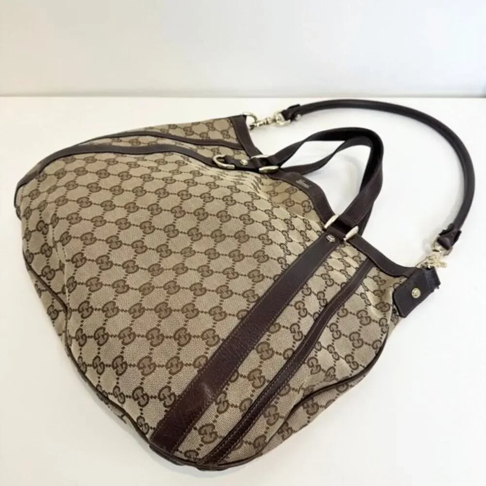 GUCCI Abbey GG Web Canvas Leather Brown Convertible Hobo Bag Tote Logo Handbag